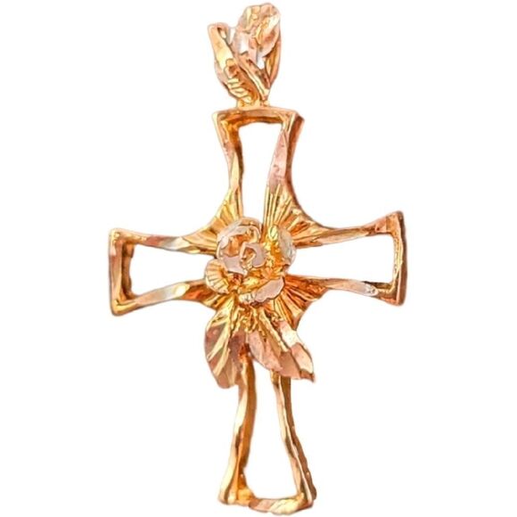 None Jewelry - Gold Over Sterling Diamond Cut 3D Rose Open Cross Pendant